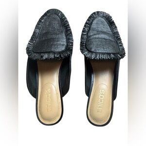 Chico's Halle Raffia Fringe Black Textured Mules Size 7